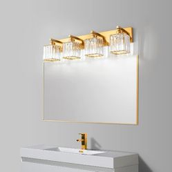 #196   FDPBY Modern Bathroom Vanity Light 4-Lights Modern Gold Brushed Brass Finish Crystal Bathroom Wall Light Bathroom Vanity Light Fixtures

