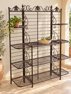 Like NEW Decorative Folding Metal Baker’s Rack / Plant Stand – Bronze Scrollwork