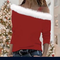 Women's Fashion Off Shoulder Christmas Shirts Faux Fur Trim Long Sleeve Tunic Holiday Xmas Clothes Blouse Gift