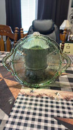 Small Victorian round, flowered uranium glass serving tray