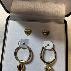 14KT Yellow Gold Round Heart Charm Hoop Earrings & Stud Earrings