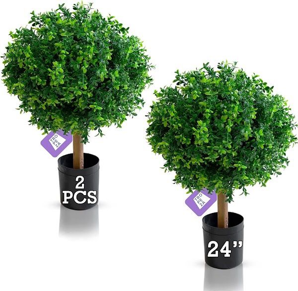 Artificial Plants - Set of 2 Topiary Trees – 24” High Pre-Potted Boxwood Trees - Artificial Plants for Front Porch Home Office Décor - Topiary Ball fo