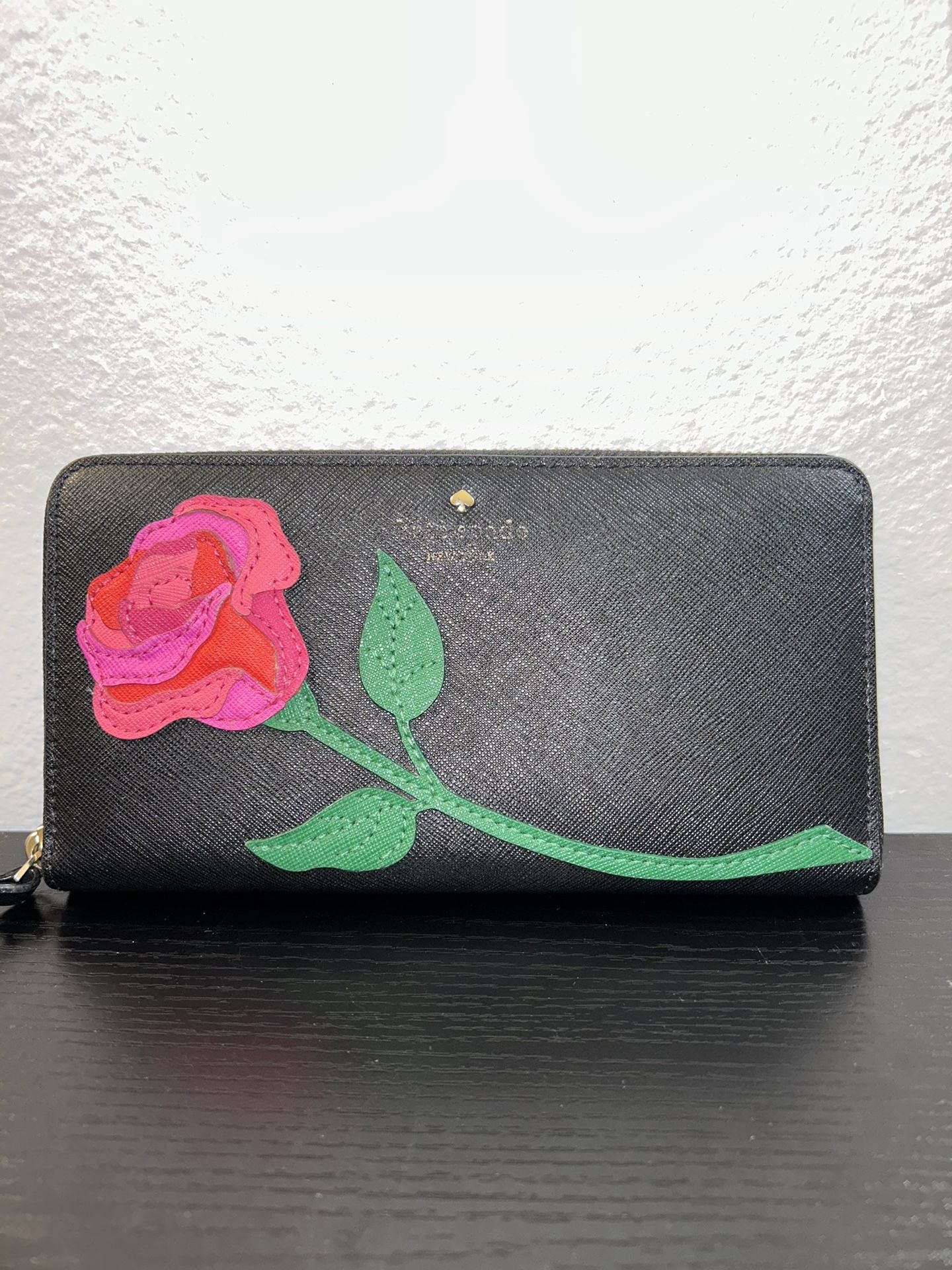       kate spade new york Red Rose Leather Card Holder wallet In Black Women’s 4x8”