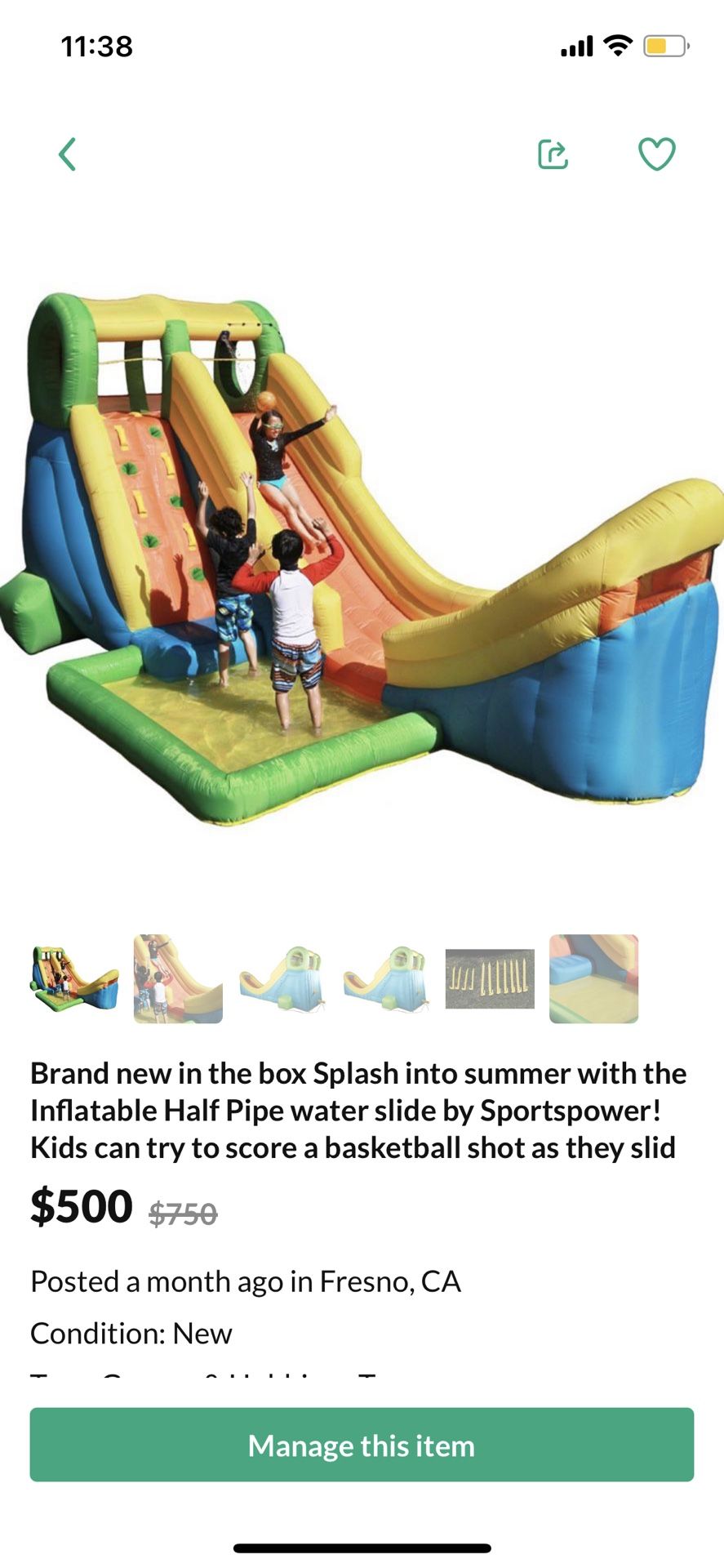 New in box Overhead water sprinkler Constructed with heavy duty polyester fabric Splash pool to help beat the summer heat Includes electric air blower