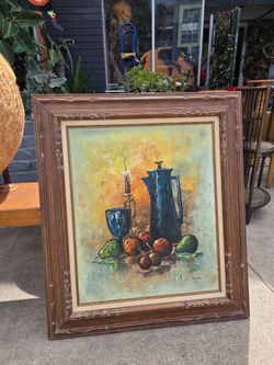 Vintage Oil Painting – Still Life with Blue Vase and Fruit (Framed)