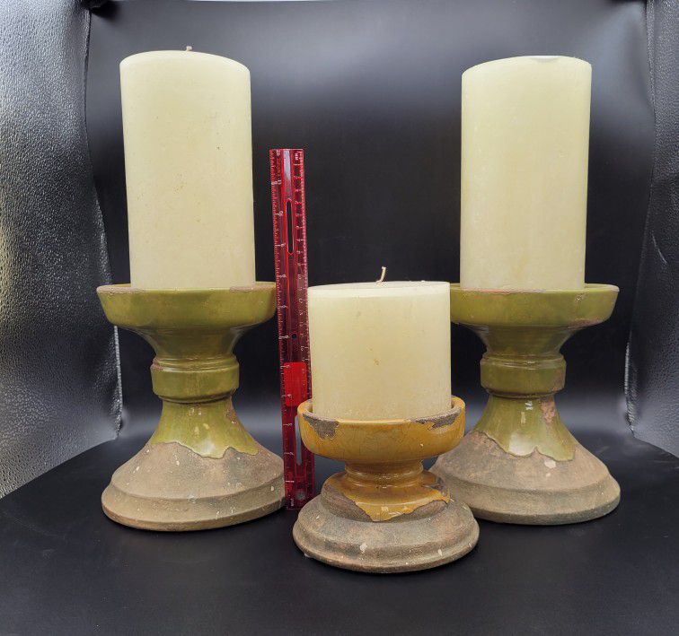 3- Pottery Barn Tuscan Hand-glazed terra cotta  with a crackle finish Candle Holder and Candles.  