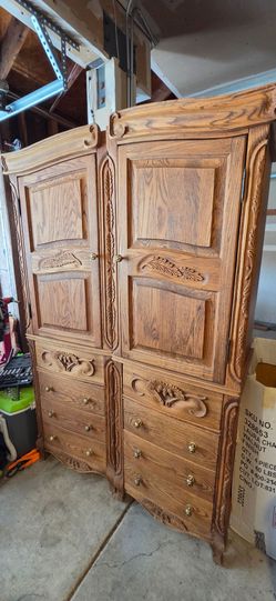 Large Carved Wood Armoire with Drawers