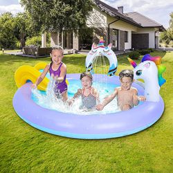 NEW Unicorn Kiddie Inflatable Pool W/ Slide & Sprayer, Kiddie Pool, Outdoor Backyard Summer Water Games !