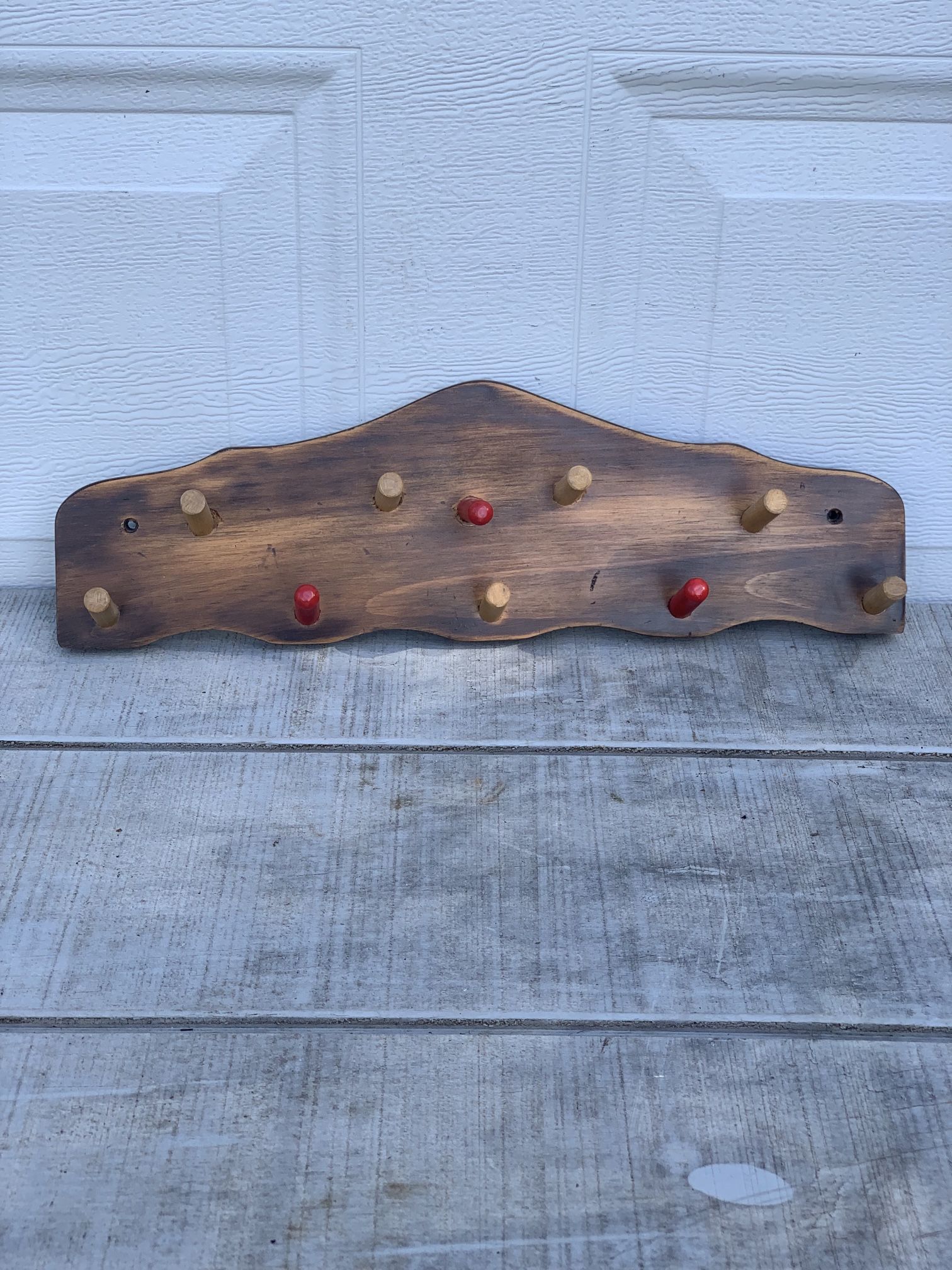 Vintage Wood Peg Rack 18”Wall Mount Coat Hat Towel Holder Rustic Decor Hooks Red