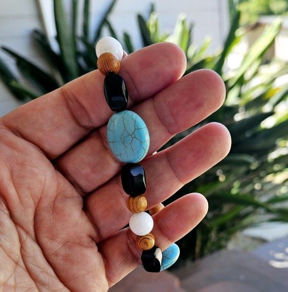 Large Handmade Beaded Bracelet Turquoise Onyx Glass Tan Wood White Plastic Beads