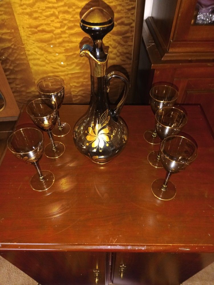 8 Pc Bohemian Smoke Brown Gold Accent Decanter Stopper Cordial Glass Set Vintage