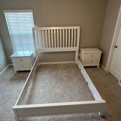 White Queen Bed Set with 2 Bedside Stands