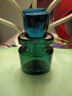 Avon Vintage 1970's Tiki Face Green Glass Bottle with Blue Cap