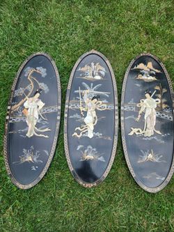 Vintage Set of 3 Chinese Asian Wall Panels CPC Made in Macau Chinoiserie Decor 35"