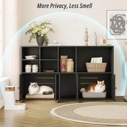 New Cat Litter Box Enclosure for 2 Cats, Litter Box Furniture Hidden w/Double Room, Cat House, Black