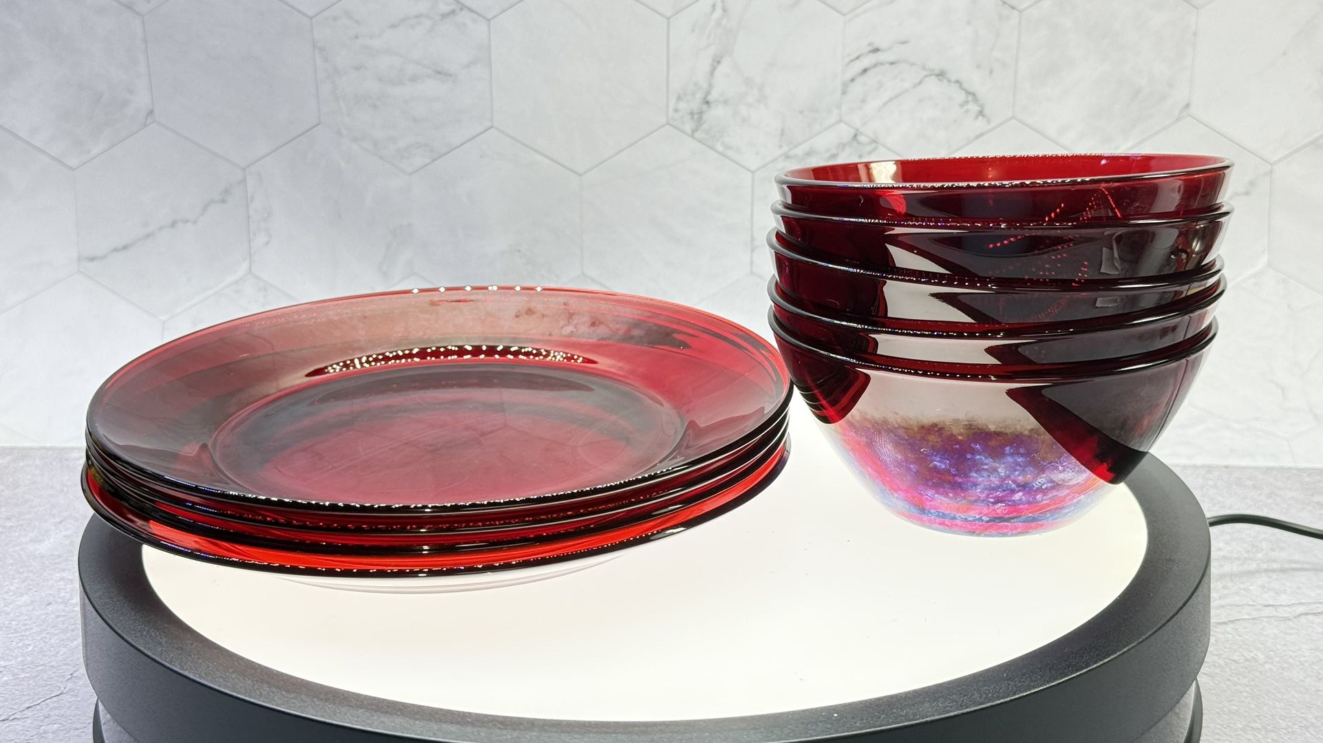 As-is (4) plates (5) bowls.Vintage Luminarc Arcoroc Glass Ruby Red 10” Dinner Plates & 5” fruit bowls. Made in France. They have some water marks/st