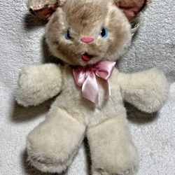 Vintage cat plushie with original pink bow, Kitsch/Kitschy Stuffed Animal