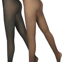 2 Pairs Fleece Lined Tights Women，Fake Translucent Thermal Sheer Thick Pantyhose Leggings for Winter（medium）