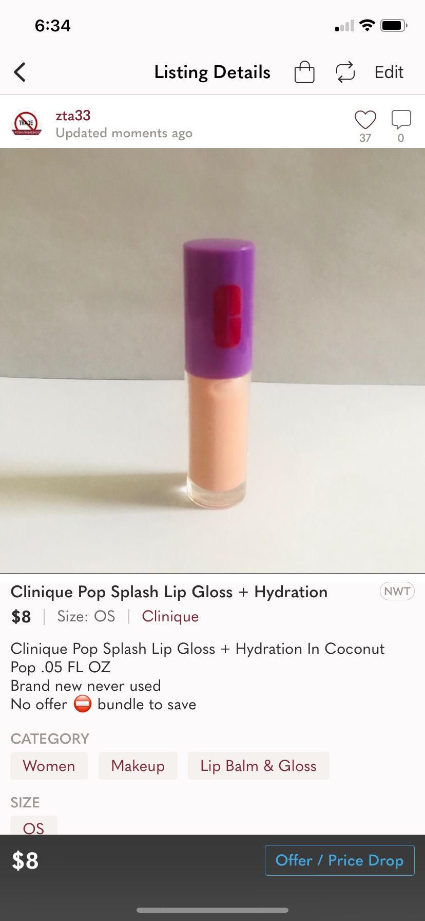 New Clinique Pop Splash Lip Gloss + Hydration In Coconut Pop .05 FL OZ