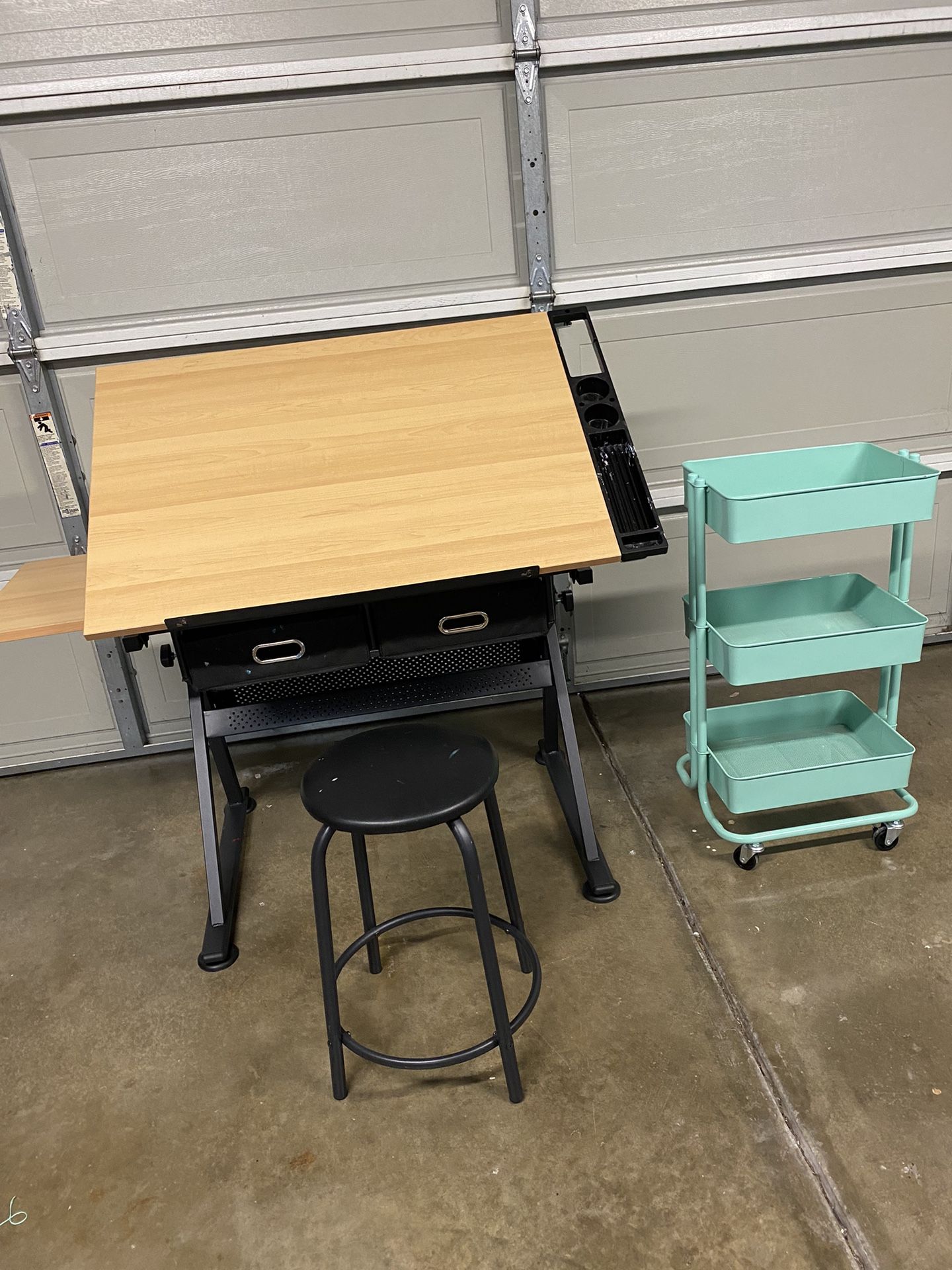 Adjustable art desk, with stool, plus metal tray.