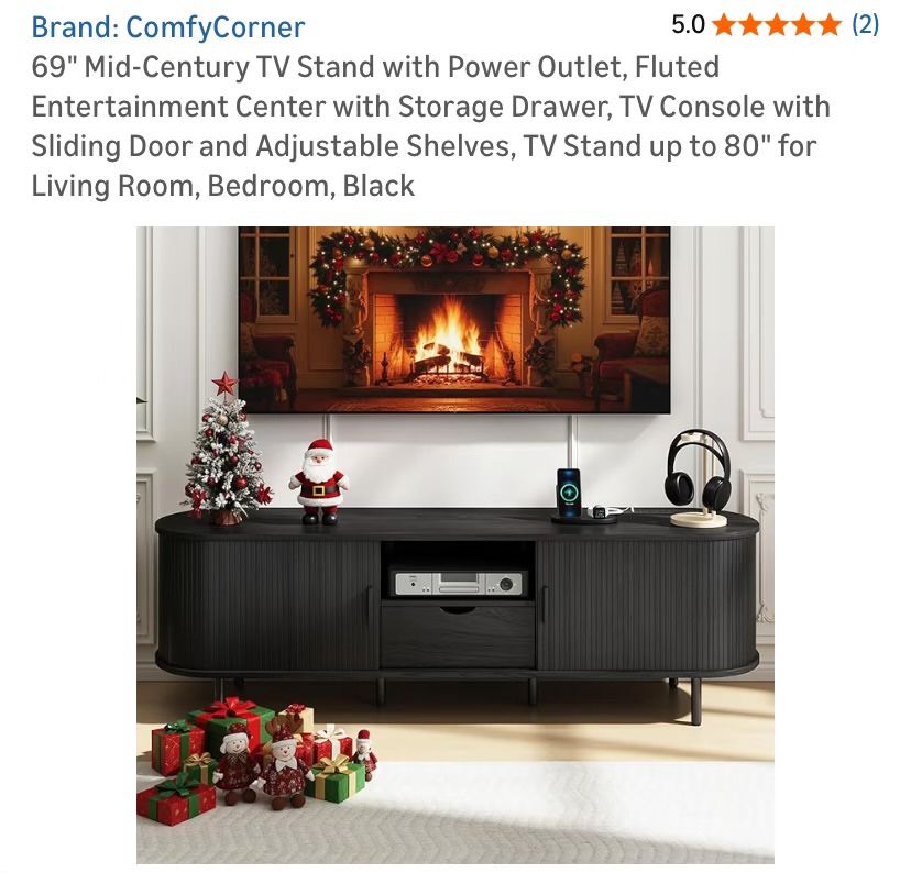 69" Mid-Century TV Stand with Power Outlet, Fluted Entertainment Center with Storage Drawer, TV Console with Sliding Door and Adjustable Shelves, TV S
