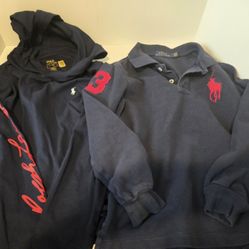 Used. 2 x Polo Ralph Lauren long sleeve t-shirts, 1 with hood. Boys Size 7