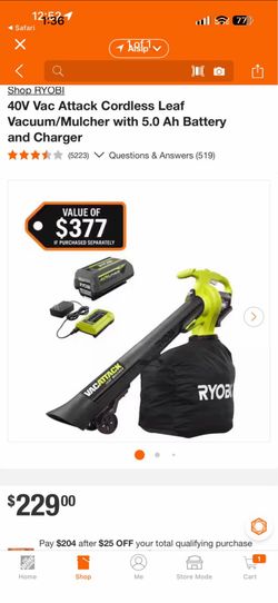 40V Vac Attack Cordless Leaf Vacuum/Mulcher with 5.0 Ah Battery and Charger