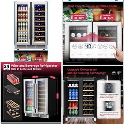 24" Wine and Beverage Refrigerator, Dual Zone Wine Cooler with Glass Door, Hold 88 Cans & 21 Bottles, Built in or Freestanding Under Counter Wine Frid