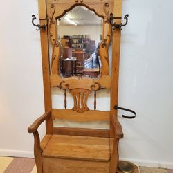 Antique Oak Hall Tree Bench With Beveled Glass Mirror and Umbrella Stand