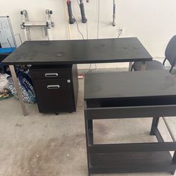Desk, filing cabinet, chair, small computer take