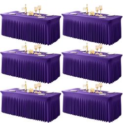 Party Talk 6 Packs Purple Table Clothes for 6 Foot Rectangle Tables, One-Piece Wrinkle Resistant Stretch Spandex Table Covers with Skirt for Events