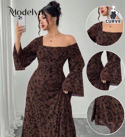 Modelyn Plus Size Women Asymmetrical Off-Shoulder Flocked Floral Fitted Long Sleeve Dress