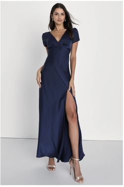Navy Blue Satin Puff Maxi Dress.  Size 8