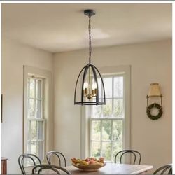 4-Light Black Rustic Lantern Pendant Chandelier w/Chain Open Frame Hanging Light