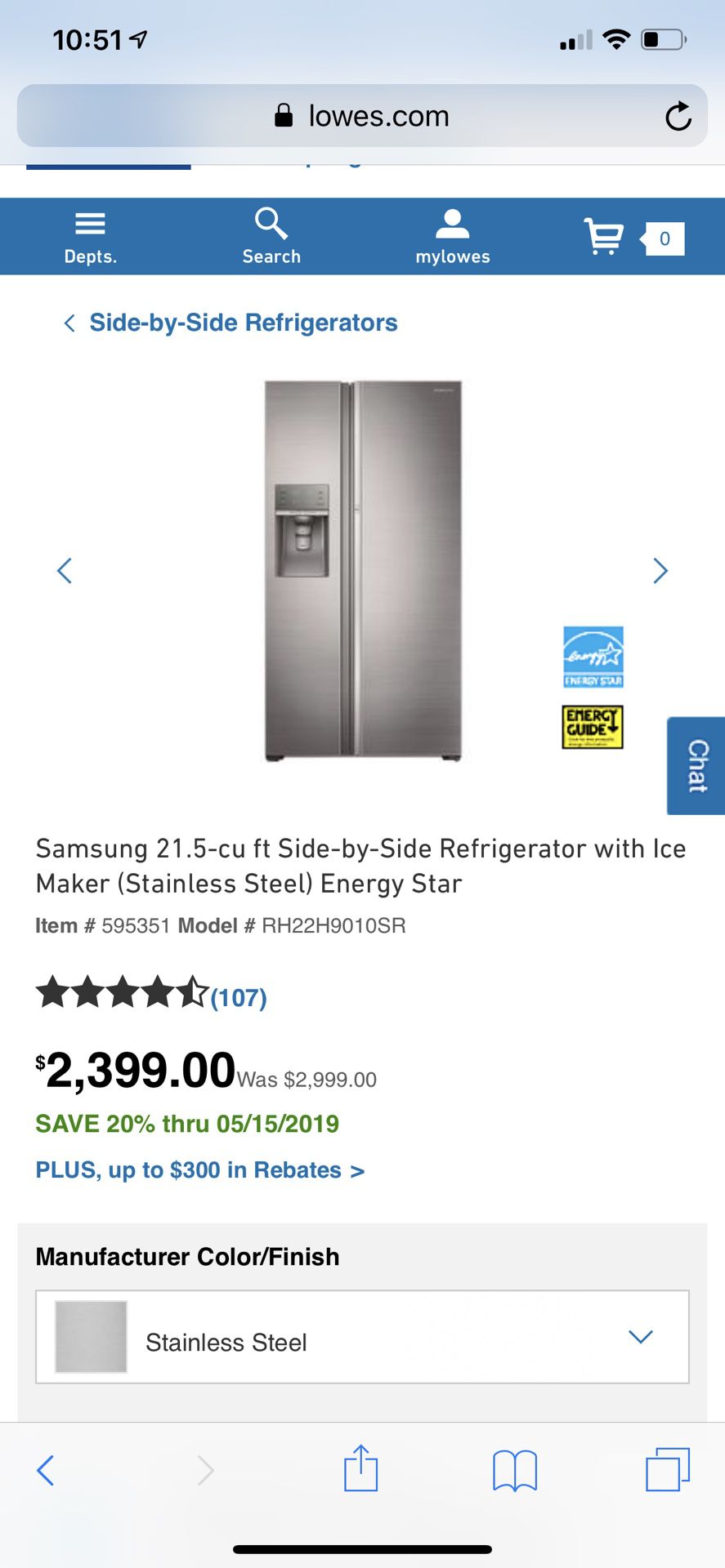 Samsung 21.5-cu ft Side-by-Side Refrigerator with Ice Maker (Stainless Steel) Energy Star Item # 595351 Model # RH22H9010SR