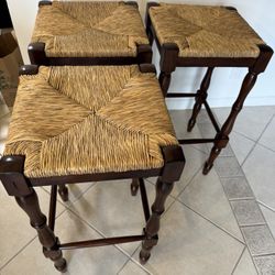 🪑 Set of 3 Wood Bar Stools (30”) w/ Woven Rush Seats – Sturdy & Stylish – $150 OBO