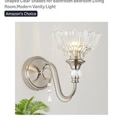 1 Piece Brushed Nickel Finish Wall Sconce, 1-Light Modern Wall Sconce with Hanging Crystal Accents and Flower- Shaped Clear Shades for Bathroom Bedroo