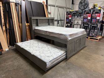 Gray Full/ Twin Captain's Bed with Trundle and Mattresses