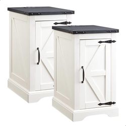 Farmhouse Nightstand Set of 2 with Charging Station, 17" D Rectangular End Table with Barn Door & Adjustable Storage Shelf, Wood Rustic Sofa Side Tabl