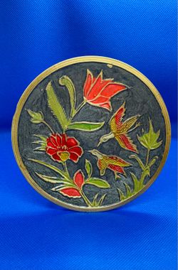 Vintage cloisonné and brass bird/flower plate