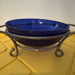Vintage Cobalt Blue Glass Bowl with Silver Metal Stand – Silver Art Co. Decorative Centerpiece