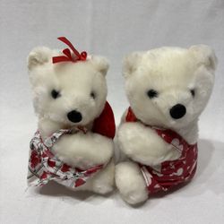 2  White His & Her  Soft Plush Valentine Teddy Bears With Heart Image Clothing