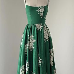 Green Linen Floral Midi Dress