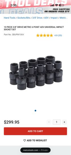 Matco tools 10 PIECE 3/8" DRIVE METRIC 6 POINT ADV UNIVERSAl SWIVEL IMPACT SOCKET SET
