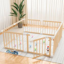 Wooden Baby Playpen, Baby Playard Area Indoor, Non-Foldable 53"x53" Play Pen for Babies and Toddlers Kids Indoor,Locking Baby Gate,Easy to Clean,Easy