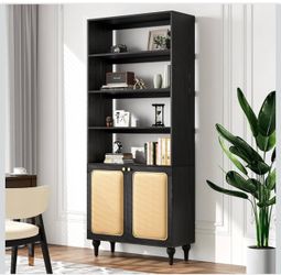 Black Bookshelf with Doors, Boho Rattan Bookshelf, Tall Wood Bookcase Shelf with Storage for Living Room Bedroom Study Office, Adjustable Shelf, Anti-