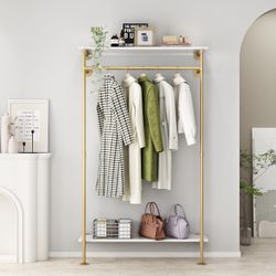 Brand New Pipe Clothing Rack Wall Mounted Garment Rack with 2-tier Wooden Shelves Vintage Hanging Rack for Bedroom, Living room-Gold