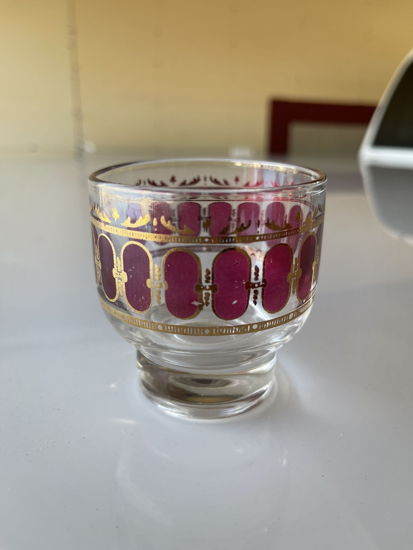One 1960s Vintage Culver Bar GlassCranberry Scroll Gold 1960s Culver Glassware, Mid Century Whiskey Cocktail