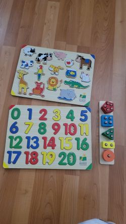 Wooden Stacking Toy & 2 Puzzles, Educational Toy 1-3 Year Old