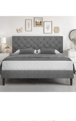 Queen Bed Frame Gray Upholstered Platform Bed  Fabric Headboard, Wing Edge Design/Non-Slip and Noise-Free/Wooden Slats Support/No Box Spring Needed/